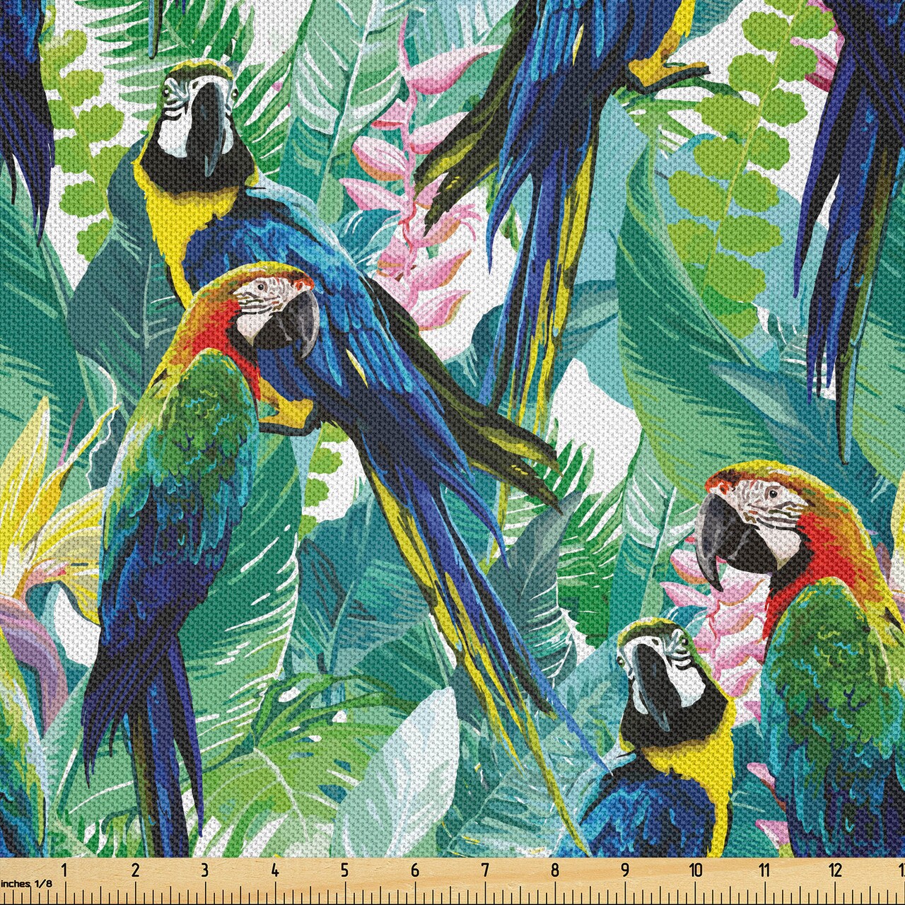 Ambesonne Birds Fabric by The Yard, Portrayal Illustration of Scarlet Macaw Parrots Among Exotic Plants in The Jungle, Decorative Satin Fabric for Home Textiles and Crafts, 1 Yards, Green Blue